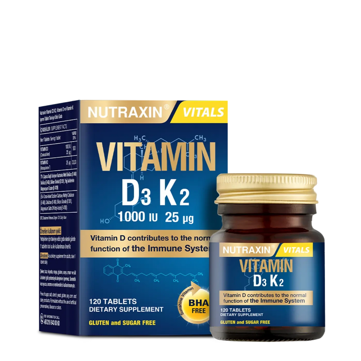 Nutraxin Vitamin D3 1000 IU + K2 25 mcg (120 Tablets) - أقراص نيوتراكسين فيتامين د3 مع ك2 لدعم المناعة وصحة العظام والجهاز العصبي