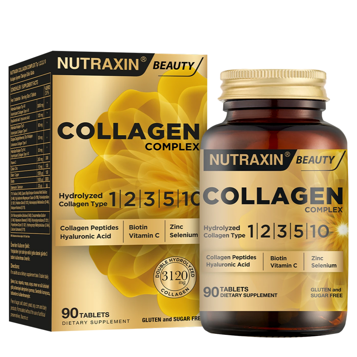 Nutraxin Collagen Complex 3120 mg (90 Tablets) - أقراص نيوتراكسين كولاجين كومبلكس الشاملة (أنواع 1, 2, 3, 5, 10) مع الهيالورونيك أسيد والبيوتين والزنك