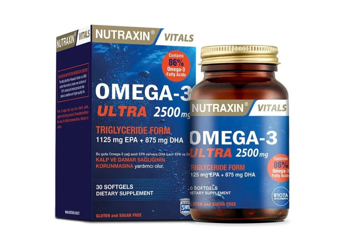 Nutraxin Omega-3 Ultra 2500 mg (30 Softgels) - كبسولات نيوتراكسين أوميجا 3 ألترا فائقة التركيز بنسبة 86% مع EPA وDHA لدعم صحة القلب والعقل