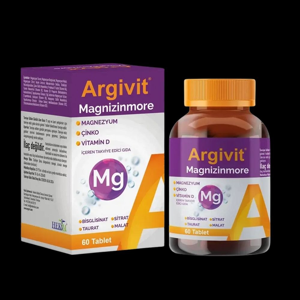 Argivit Magnizinmore (60 Tablets) - أقراص أرجيفت ماجنيزين مور مركب المغنيسيوم الرباعي (بيسجلسينات، سترات، تورات، مالات) مع الزنك وفيتامين د