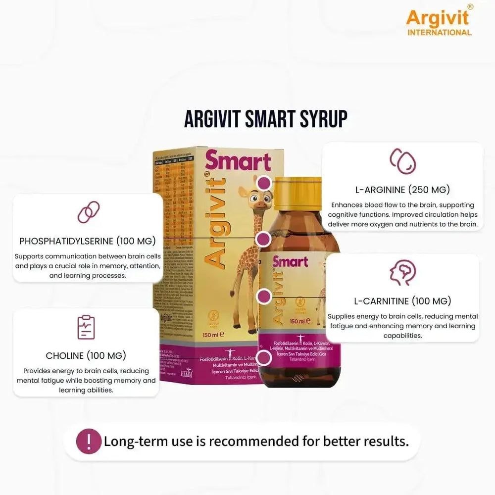 Argivit Smart Syrup for Kids (150 ml) - شراب أرجيفت سمارت للأطفال واليافعين لدعم الطول والذكاء والتركيز (مع L-Arginine وفوسفاتيديل سيرين)