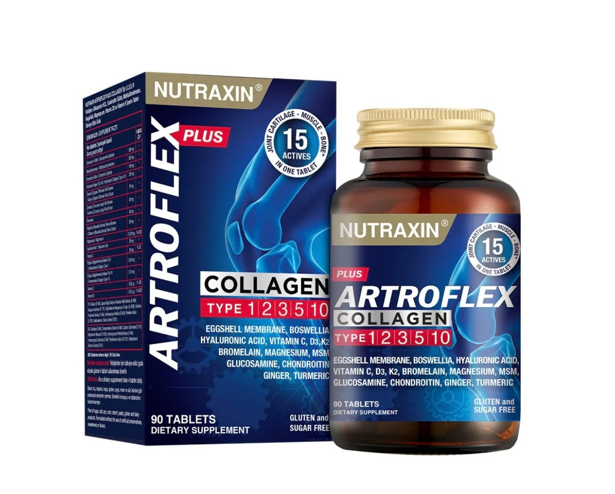 Nutraxin Artroflex Plus Collagen (90 Tablets) - مكمل المفاصل المطور بـ 15 عنصر فعال مع 5 أنواع كولاجين وأعشاب مضادة للالتهاب لعلاج الخشونة وتجديد الغضاريف