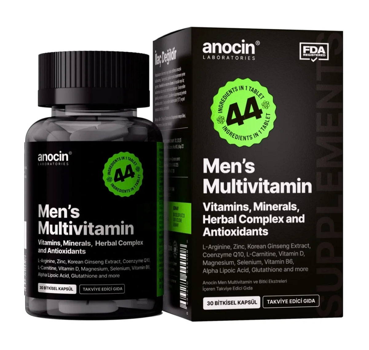 Anocin Men's Multivitamin (30 Veg Capsules) - كبسولات أنوسين الشاملة للرجال (44 مكون) مع L-Arginine والجنسنج الكوري والجلوتاثيون للطاقة والقوة الذكورية