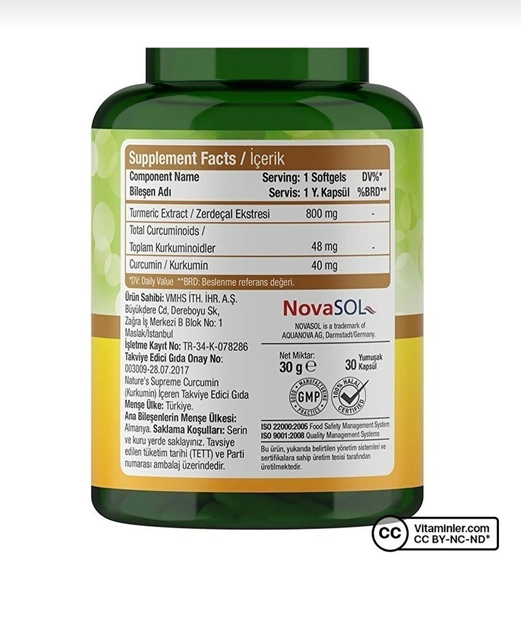 Nature's Supreme Curcumin with NovaSOL® (30 Softgels) - كبسولات الكركمين السائل المطور بامتصاص مضاعف 185 مرة لدعم المفاصل ومكافحة التهابات الجسم