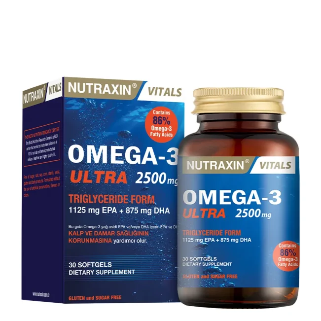 Nutraxin Omega-3 Ultra 2500 mg (30 Softgels) | نوتراكسين أوميجا 3 ألترا التركي الفاخر (تركيز قياسي 2000 ملجم أحماض نقية EPA+DHA) – الدعم الأقوى لصحة القلب، حرق الدهون، والتركيز الفائق