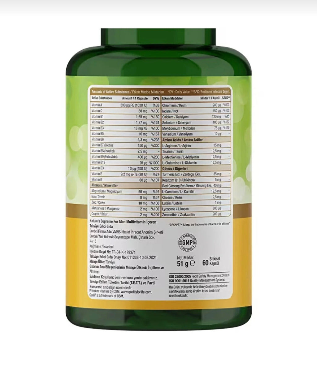 Nature's Supreme Multivitamin for Men (60 Veg Capsules) - كبسولات نيتشرز سوبريم الشاملة للرجال للطاقة والقوة الذكورية مع الجنسنج الأحمر والإنزيم المساعد CoQ10