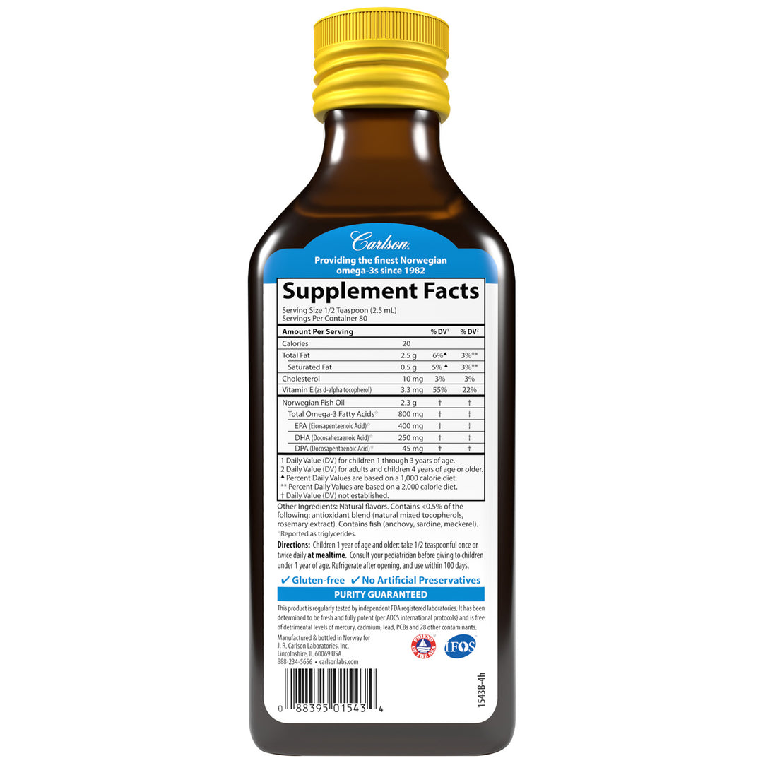 Carlson Kid's Norwegian The Very Finest Fish Oil (200 ml) | كارلسون أوميجا 3 للأطفال نرويجي أصلي (نكهة الليمون) – الأعلى نقاءً وتركيزاً لدعم  الذكاء، الذاكرة، والمناعة