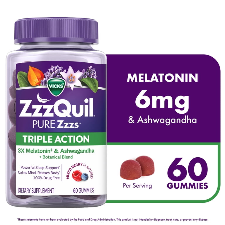 Vicks ZzzQuil PURE Zzzs Triple Action (60 Gummies) | فكس زد زد زد كويل جوميز ثلاثية المفعول – ميلاتونين مكثف مع الأشواغاندا والأعشاب المهدئة بنكهة التوت المشكل