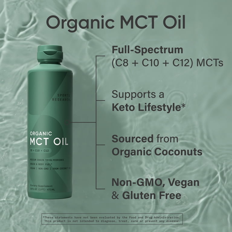 Sports Research Organic MCT Oil (473 ml) | زيت الـ MCT العضوي من سبورتس ريسيرش الأمريكي – وقود سريع للذهن والجسم ودعم الطاقة للكيتو والصيام