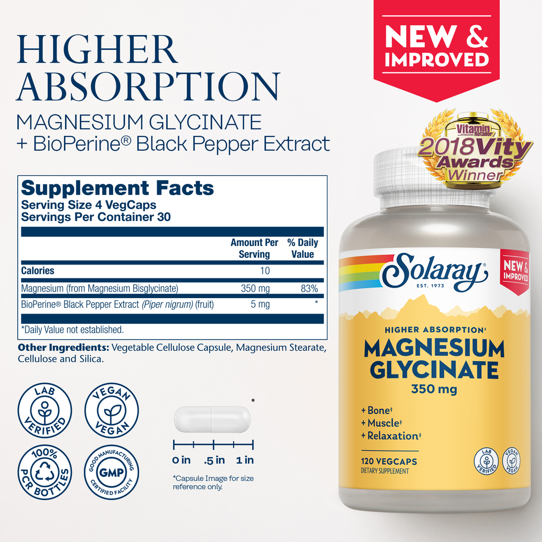 Solaray Magnesium Glycinate 350 mg (120 VegCaps) | سولاراي ماغنيسيوم جليسينات أصلـي 350 ملجم (120 كبسولة نباتية) – الأعلى امتصاصاً للأعصاب، استرخاء العضلات، والنوم العميق بدون أرق